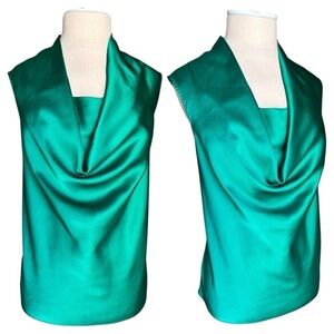 Calvin Klein Emerald Green Satin Draped Cowl Neck Blouse Women’s Size Large